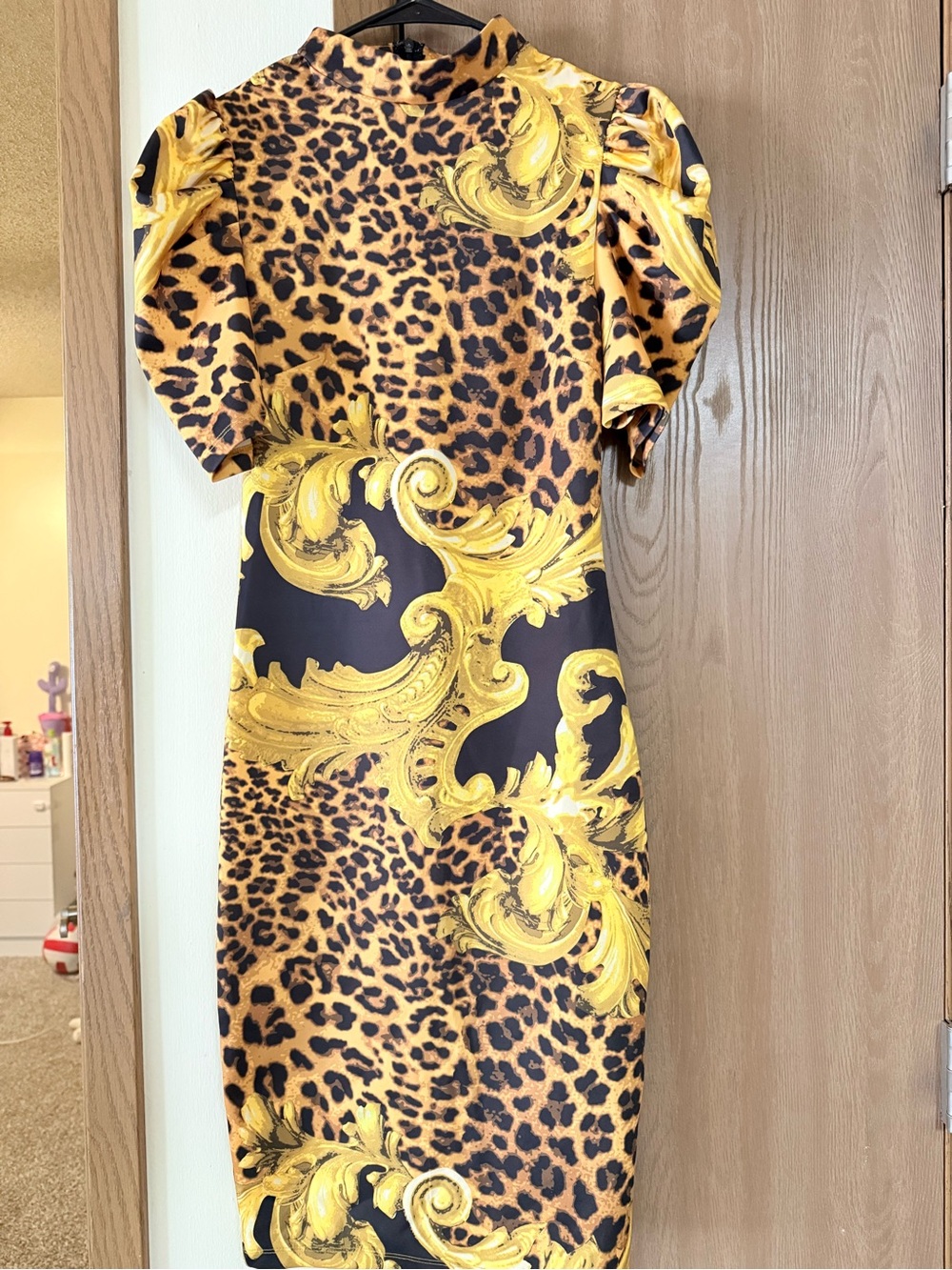 Fashion Nova Leopard & Gold Scroll Puff-Sleeve Midi Dress